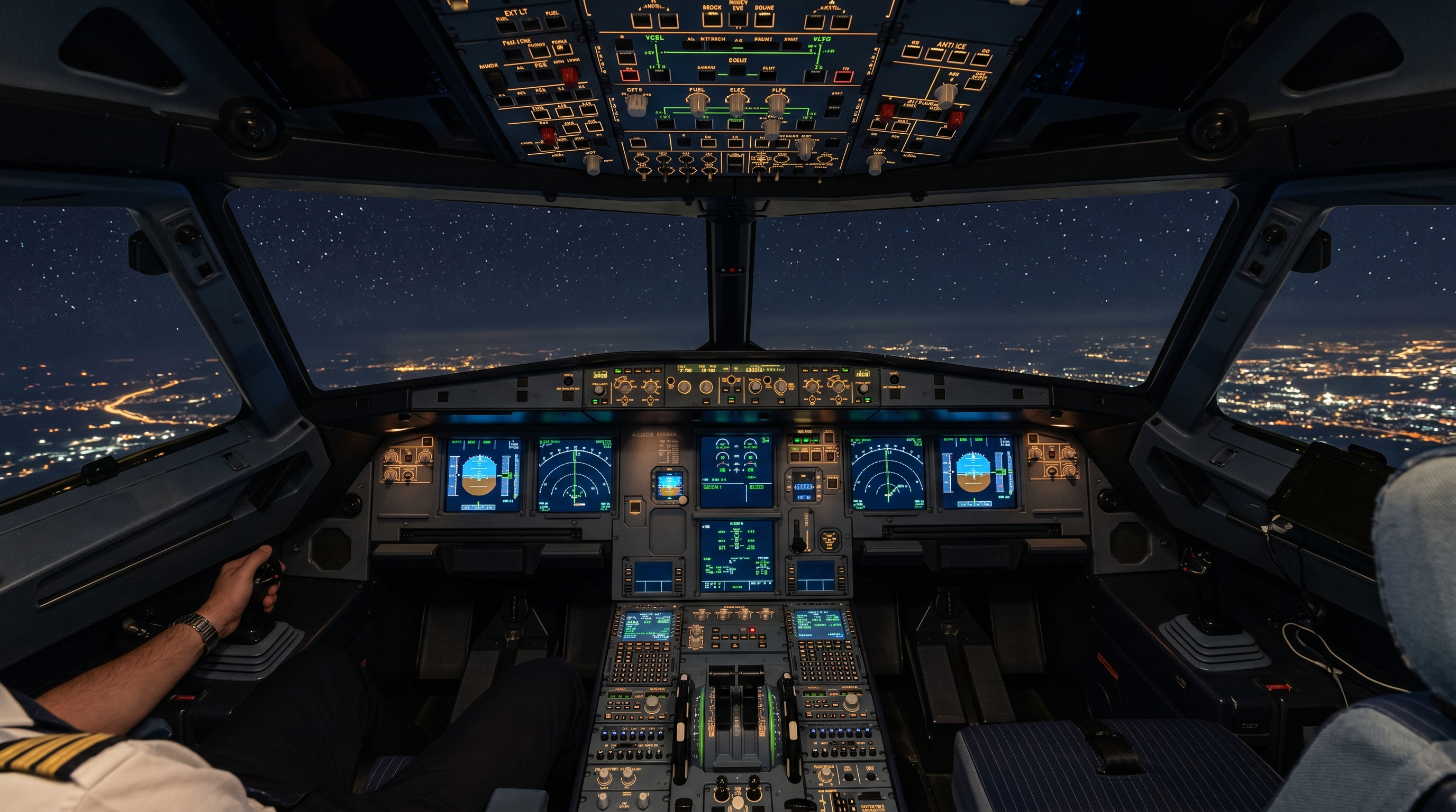 Cabina del Airbus A320 en vuelo nocturno